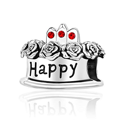 Image of Birthstones Happy Birthday Cake Charms Compatible with Pandora Charms Moments Bracelets Candle Crown Celebration Beads