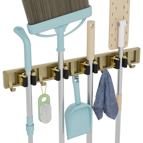 Image of reliahom Broom Holder Wall Mount Mop Hanger Tools organizer 4Racks 5Hooks | Adjustable Mop Broom Wall Hanging Heavy duty Tools Storage Rack Space-saving for Garage,Kitchen,Laundry Room,Garden, Bronze