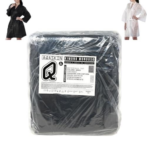 AQASKIN Kimono desechable Esteticista en TNT 30gr/m2 - Paquetes de 20 uds - DESCUENTOS POR CANTIDAD - Envasado individualmente - Dimensiones 100x140cm - Bolsillo y Correa (1, Negro)