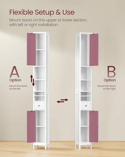 Image of VASAGLE Tall Storage Cabinet, Slim Freestanding Floor Cabinet with Adjustable Shelves, Drawer, Open Compartments, for Small Spaces, Bathroom, Living Room, Modern, Cloud White UBBC765W01