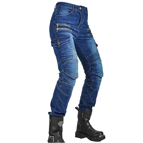 CBBI-WCCB Damen Moto Jeans Motorrad Hose mit Protektoren Motorradhose Mit Reißverschluss (DE/NL/SE/PL, Bundweite & Schrittlänge, 28, 31, Blau)
