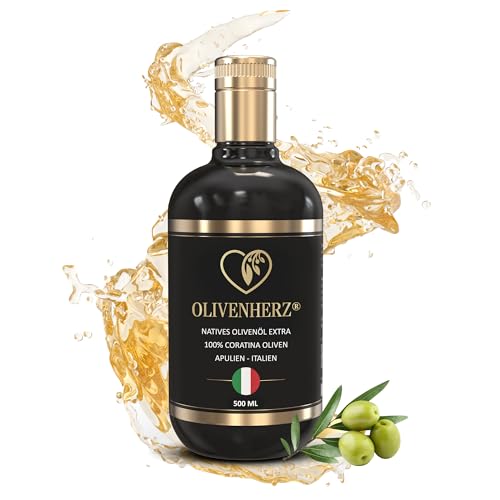 Olivenherz® | Italienisches Olivenöl aus Apulien | Natives Olivenöl Extra | Kaltgepresst | Premium Qualität | Geschenkidee | 100% Sortenrein aus Coratina Oliven | 500 ml Glasflasche