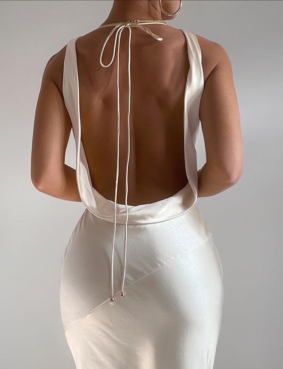 Image of KOUNAI Satin Backless Formal Maxi Dresses for Women Wedding Guest