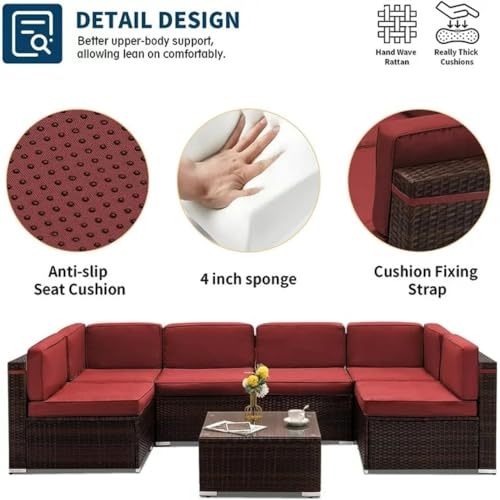 Image of 6 Seater Outdoor Patio Sectional Sofa Set| Wicker Furniture Conversation Sets with Washable Cushions, and Glass Coffee Table for Garden, Poolside, and Backyard. (Red0832)