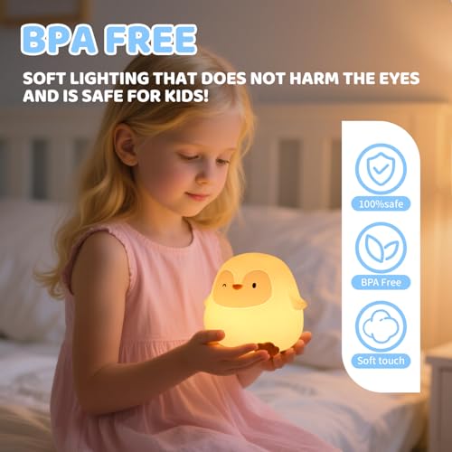 Image of Penguin Night Light for Kids, Squishy Silicone Touch Lamp with 2 Brightness Levels, Up to 50H Battery, 30-Min Auto-Off Timer, Soft Glow Bedside Nursery Lamp