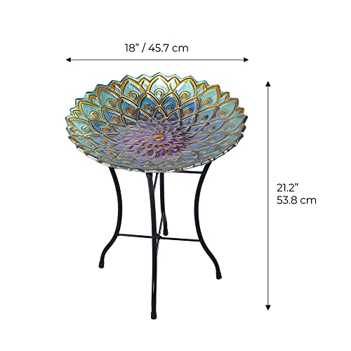Teamson Home Handpainted Mosaic Flower Fusion Glass Pedestal Bird Bath for Outdoor Patio Garden Backyard Decking Décor, 21 inch Height, Blue and Purple - Thumbnail 5