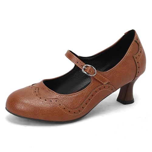 Alyaafifa Kitten Heel Ankle Strap Pumps for Women Closed Round Toe Comfortable 2 Inches Low Heel Mary Janes Leather Dress Shoes Office Working Party Event Prom Business