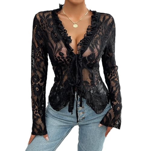Womens Tie Front Floral Lace See Through Shirt Tops Sheer Mesh
