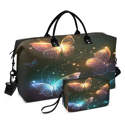 Travel Duffle Bag Weekender Bags Overnight Bag with Toiletry Bag Gym Duffel Bag Glowing Orange Butterfly for Travel Business Trips Sport