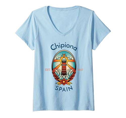 Mujer Faro de Chipiona España Camiseta Cuello V