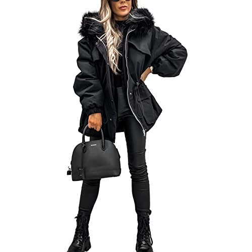 amropi Damen Jacke Winterparka Mantel Kunstfell Winter Warm Gefüttert Parka Schwarz,M
