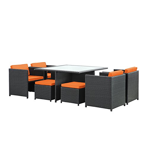Modway Inverse Wicker Rattan 9-Piece Outdoor Patio Dining Furniture Set In Espresso Orange #TOP4