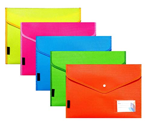 True-Ally 5 Pack A4/Legal Heavy Duty Document File Bag, Fluorescent Envelope Holder Storage Case, Snap Button Organizer, My Clear Plastic Container (Fluorescent Color, Pack of 5) (5) True-Ally 5 Pack A4/Legal Heavy Duty Document File Bag, Fluorescent Envelope Holder Storage Case, Snap Button Organizer, My Clear Plastic Container (Fluorescent Color, Pack of 5) (5)