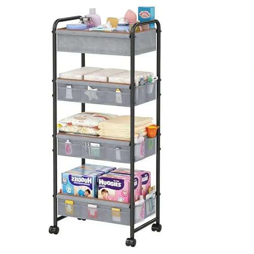 Image of Cidaziya 4-Tier Rolling Sorage Cart,Baby Diaper Caddy Organizer, Nursery Baby Storage with Wheels, 2 Dividers & 21 Pockets，Metal Utility Cart for Nursery, Crib, Bedroom, Art & Craft Organizers