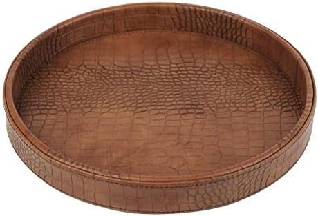 HofferRuffer Round Serving Tray, Leather Decorative Tray 30cm, Desktop Storage Tray for Cosmetics & Drinks/Snack Organizer, Antique Brown