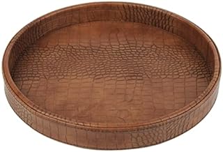 HofferRuffer Round Serving Tray, Leather Decorative Tray 30cm, Desktop Storage Tray for Cosmetics & Drinks/Snack Organizer, Antique Brown
