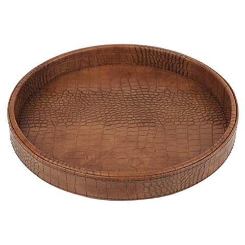 HofferRuffer Gifts For Mum From Daughter,Son, Kids, Round Serving Tray, Leather Decorative Tray 30cm, Desktop Storage Tray for Cosmetics & Drinks/Snack Organizer, Antique Brown Cover