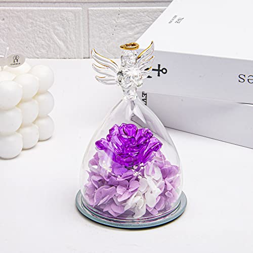 Hakeemi Handmade Glass Rose Flower Gift, Angel Figurines With Preserved Rose, Unique Gifts For Mom, Her, Glass Flowers Decoration For Home, Office, Angel Statue (Purple) #TOP3