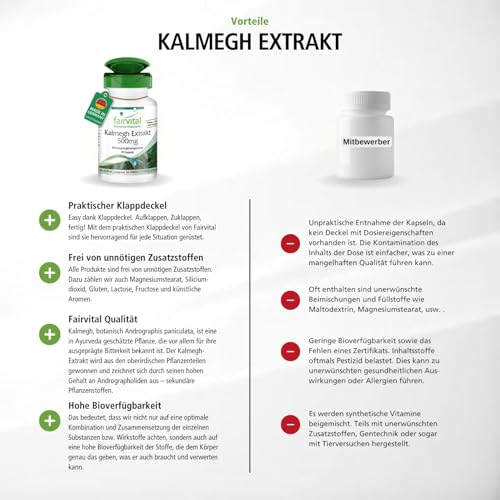 fairvital Kalmegh Extrakt 500 mg, 90 Kapseln 5-fach konzentrierter Extrakt aus dem Kalmegh-Blatt, für 3 Monate, qualitätsgeprüft und hoch dosiert, 100% vegan, Made in Germany