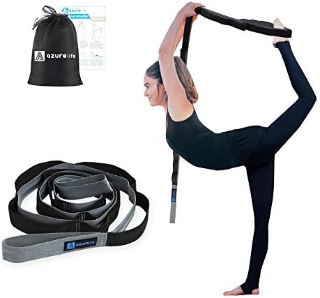 A AZURELIFE Premium Durable Cotton Stretch Strap with Loops, Non-Elastic Yoga Strap for Stretching, Multi-Loop Fitness Stretch Band for Physical Therapy, Yoga, Pilates&Dance (Black-12 loops)