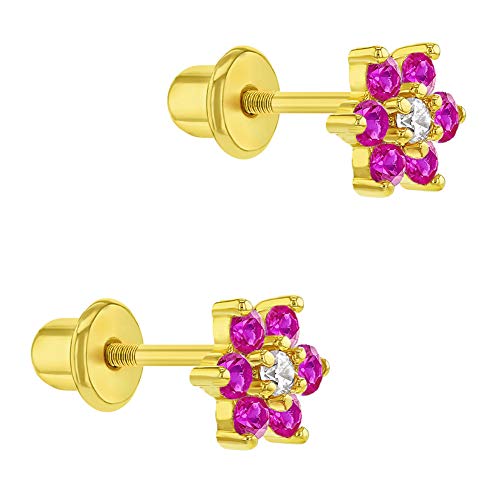 Gold Plated Fuchsia And Clear Cz Flower Screw Back Earrings For Toddlers & Kids - Elegant And Shiny Cz Flower Earrings Elegant Gift For Birthdays - Floral Themed Jewelry For Little Girls #TOP1