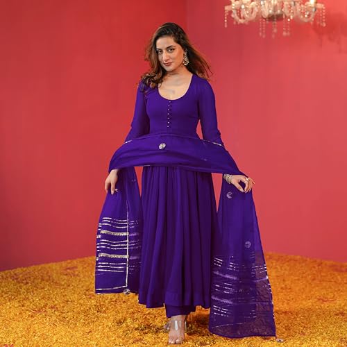 Image of GoSriKi Women's Rayon Viscose Anarkali Solid Kurta with Pant & Dupatta | Soft Comfortable Fabric | Elegant Flared Ethnic Wear Set for Festive Casual Office Daily Use