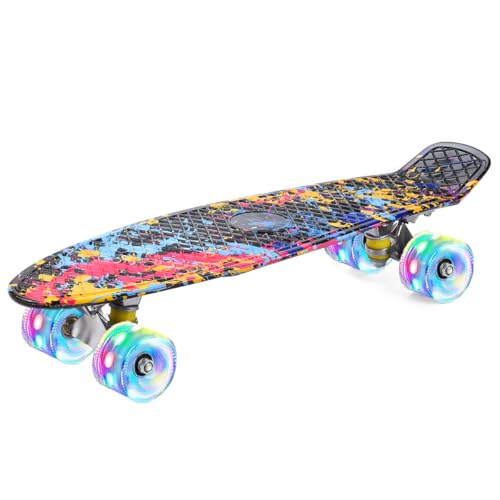 ERNAN Skateboard Komplette 22 Zoll Mini Cruiser Skateboard für Kinder Mit LED Leuchtrollen Skate Board Für Erwachsene Kinder Jungen Anfänger (Graffiti)