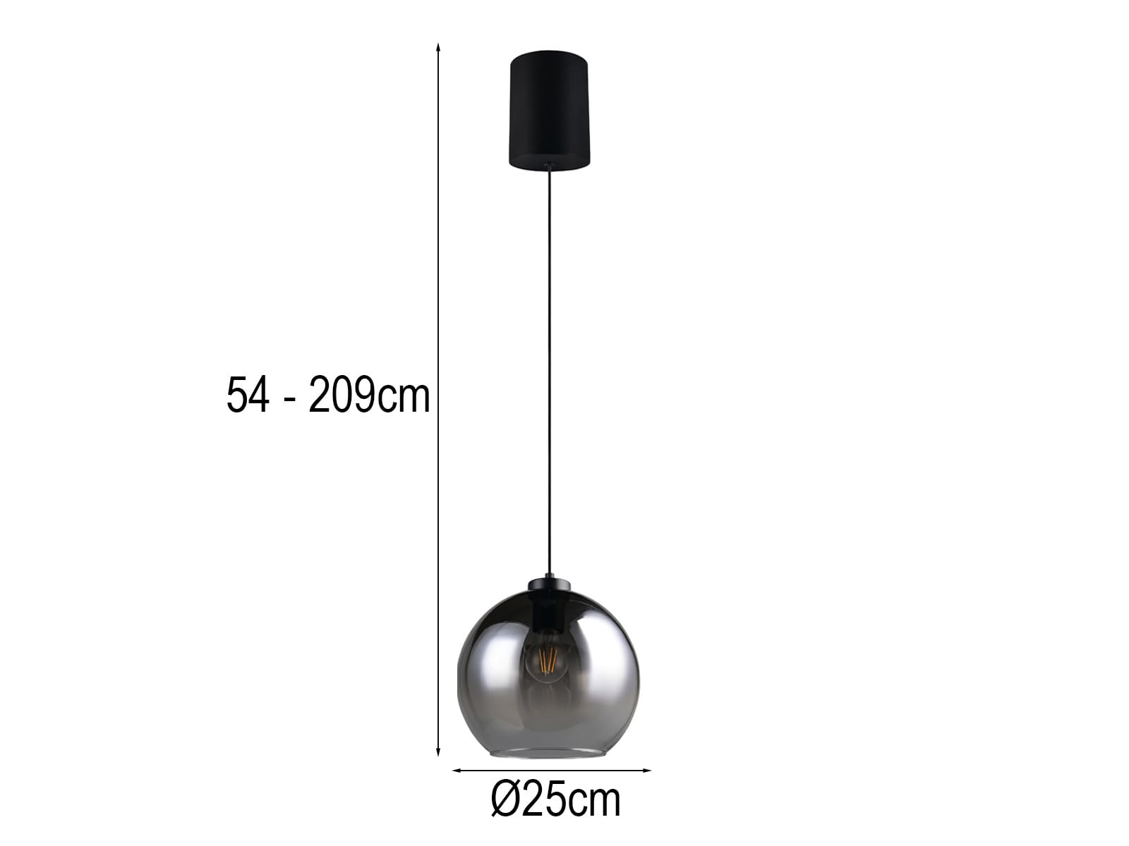 Pendelleuchte 1-flammig höhenverstellbar mit Rauchglas Kugel, Ø 25cm