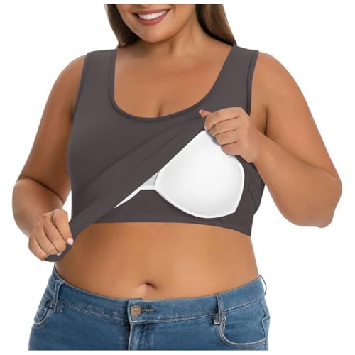 Tank Top Damen BH Hemdchen Ohne Bügel,U Ausschnitt Ärmelloses Shirt Einfarbig Yoga Trägertop,Sommer Oberteil Große Größen Unterhemd mit BH Integriert,Lässige Sporttop Basic Achselshirt für Frauen