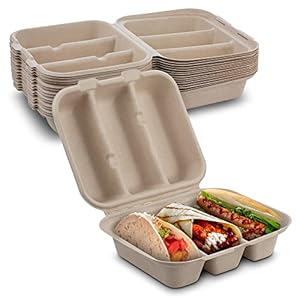 MT Products Taco Container – 15 Pieces Disposable Pulp Fiber 3 Compartment Taco Holder with Lid – Size 8” x 7” x 3″ Keeps Taco Upright