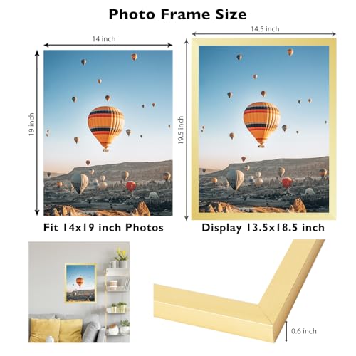 Image of JCJMY 14x19 Picture Frame Gold for Poster Photo Picture, Horizontal and Vertical Formats for Wall Hanging, 14 x 19 Wall Gallery Poster Photo Frame with Shatter Resistant Plexiglass,Gold