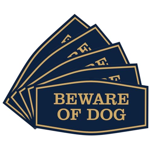 All Quality Fancy Beware of Dog Wall or Door Sign | Durable Material | Home Security Signs | Easy to Install (Blue/Gold) - Small 5 Pack