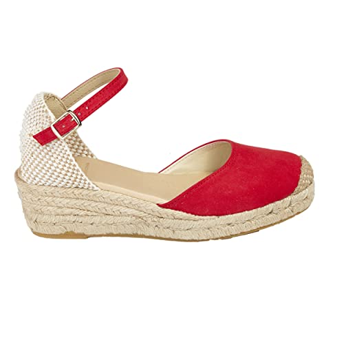 Alpargatas de Yute con Cuña y Piso de Cuerda Natural con Hebilla Al Tobillo y Punta Cerrada Color Rojo Talla 36 Cover