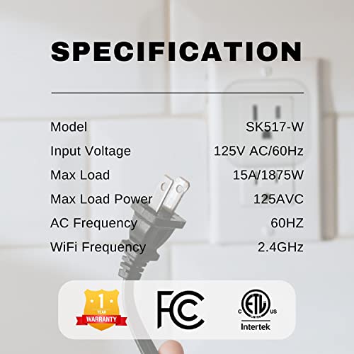 RS Smart Plug, Wifi Outlet, 15A 1875W, Works with Smart Life App, Alexa and Google Home, Timer Schedule, No Hub Required, FCC Certified and ETL Listed, 2.4G Hz WiFi Only
