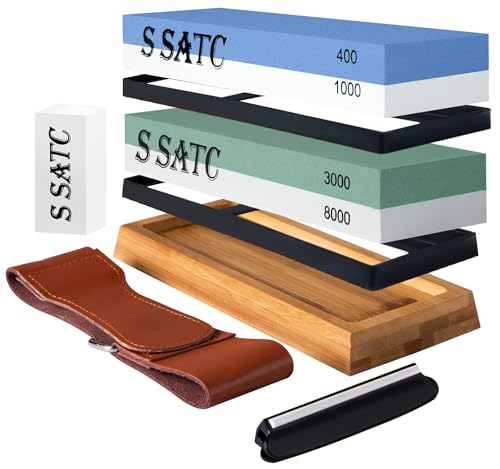 SATC Sharpening Stones for Kitchen Knives 400 1000 3000 8000 Grit Whetstone Knife Sharpener with Non-Slip Wood Base Flattening Stone Angle Guide and Leather Strop
