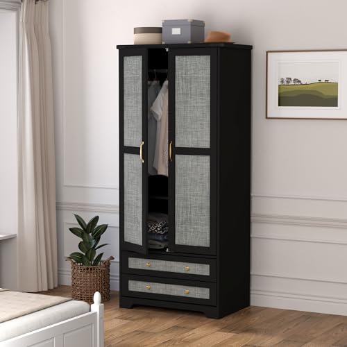 Brafab Farmhouse Armoire with Rattan Doors and Drawers