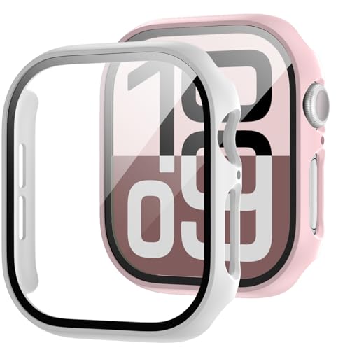 Image of JZK 2 Pack Case with Tempered Glass Screen Protector for Apple Watch Series 11(2025) Series 10 42mm,Slim Guard Full Coverage Hard PC Ultra-Thin Cover for iWatch 11 /10 42mm Accessories,Pink+White