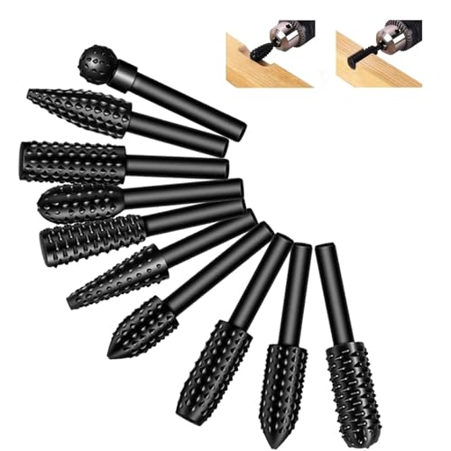 Lot de 10 fraises à bois pour perceuse, râpe à bois, limes, forets à bois, fraises à tige, outils de sculpture sur bois, fraise à boule, fraise à tenon, fraise conique