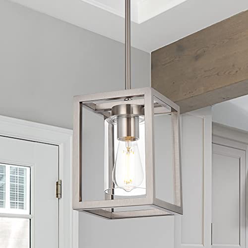 Image of One Light Chandeliers Fixture Brushed Nickel Modern Pendant Kitchen Lighting with Clear Glass Shade Dining Room Lighting Fixtures Hanging Contemporary Lamp Semi Flush Mount Ceiling Lights