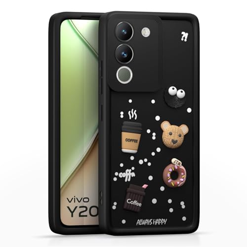 Image of Bintage Cute Fun Ball | Taddy Cartoon 3D Smiley Coffee Cup | Milk Donut | Full Protection Rubber Back Cover Compatible for Vivo V2307 / Vivo Y200 5G - Black
