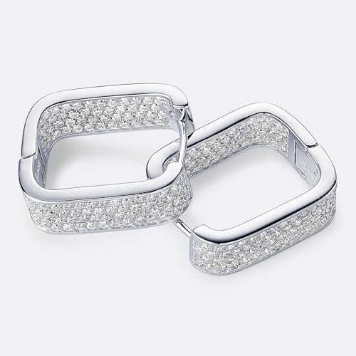 Moiaanite Luxury Sparkle Statement Hoop Earrings for Women S925 Sterling Silver Wide Post Chunky Earrings D Color Square Huggie Earrings for Valentine's Day Birthday Gift (Silver)4