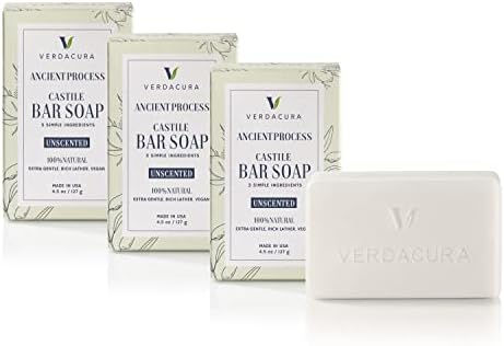 Verdacura Pure Castile Bar Soap for Face Body and Hands All Natural Vegan Soap Ultra-Gentle Biodegradable Sustainable Cruelty Free Palm Oil Free Suitable For Sensitive Skin Made in USA (Unscented 4.5 Ounce,3 Pack)