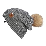C.C Hatsandscarf Exclusives Women’s Sequin Beanie with Faux Fur Pom – Brioche Cable Knit Winter Hat, Sparkly Fashion Beanie (HAT-2073) Heather Grey
