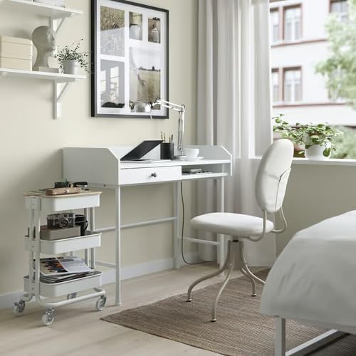 3-Tier Rolling Utility Cart with Bamboo Lid – Metal Storage Trolley with Locking Wheels, for Kitchen, Home Office, or Craft Room – White, 11 x 15 x 24 Inches