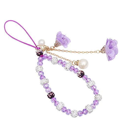 Omorro Crystal Flower Pendant Keychains Beaded Phone Strap Lanyard Anti-Lost and Non-Slip Mobile Phone Strap for Handbag Decoration Accessories Purple