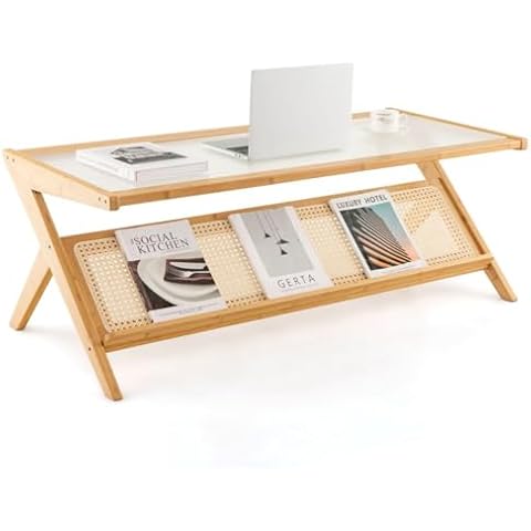 Multigot Bamboo Rattan Coffee Table with Glass Top Cover
