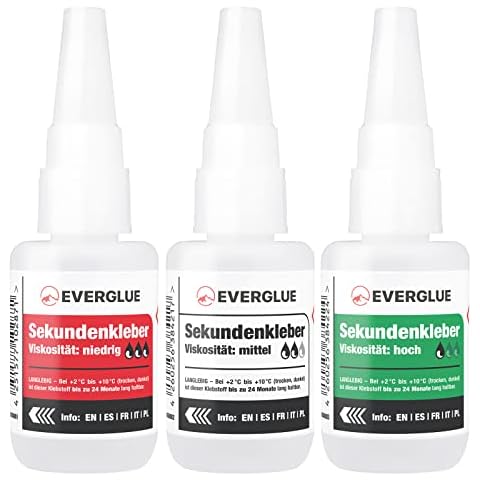 EVERGLUE Sparset Sekundenkleber lange Haltbarkeit dünn + mittel + dick à 20g - Industriekleber extra stark für die universelle Reparatur und Instandsetzung in Hobby Beruf und Haushalt Cover
