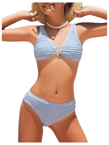 Image of WDIRARA Girl's Heart Ring V Neck Bikini Set Swimsuit 2 Piece Bathing Suit Blue 12-13Y