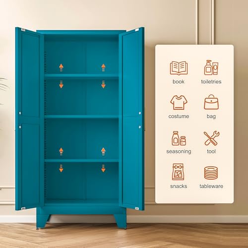 Image of LCAOPC 61 inch Tall Metal Storage Cabinet with 2 Doors and 3 Adjustable Shelves, 4-Tier Kitchen Pantry Storage Cabinet for Kitchen, Living Room, Dining Room and Office, Blue