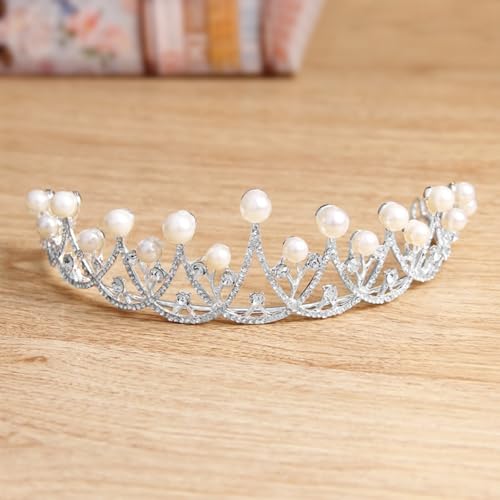 Image of Peora Cubic Zirconia & Pearl Studded Princess Tiara Crown Hair Accessory for Girls & Women